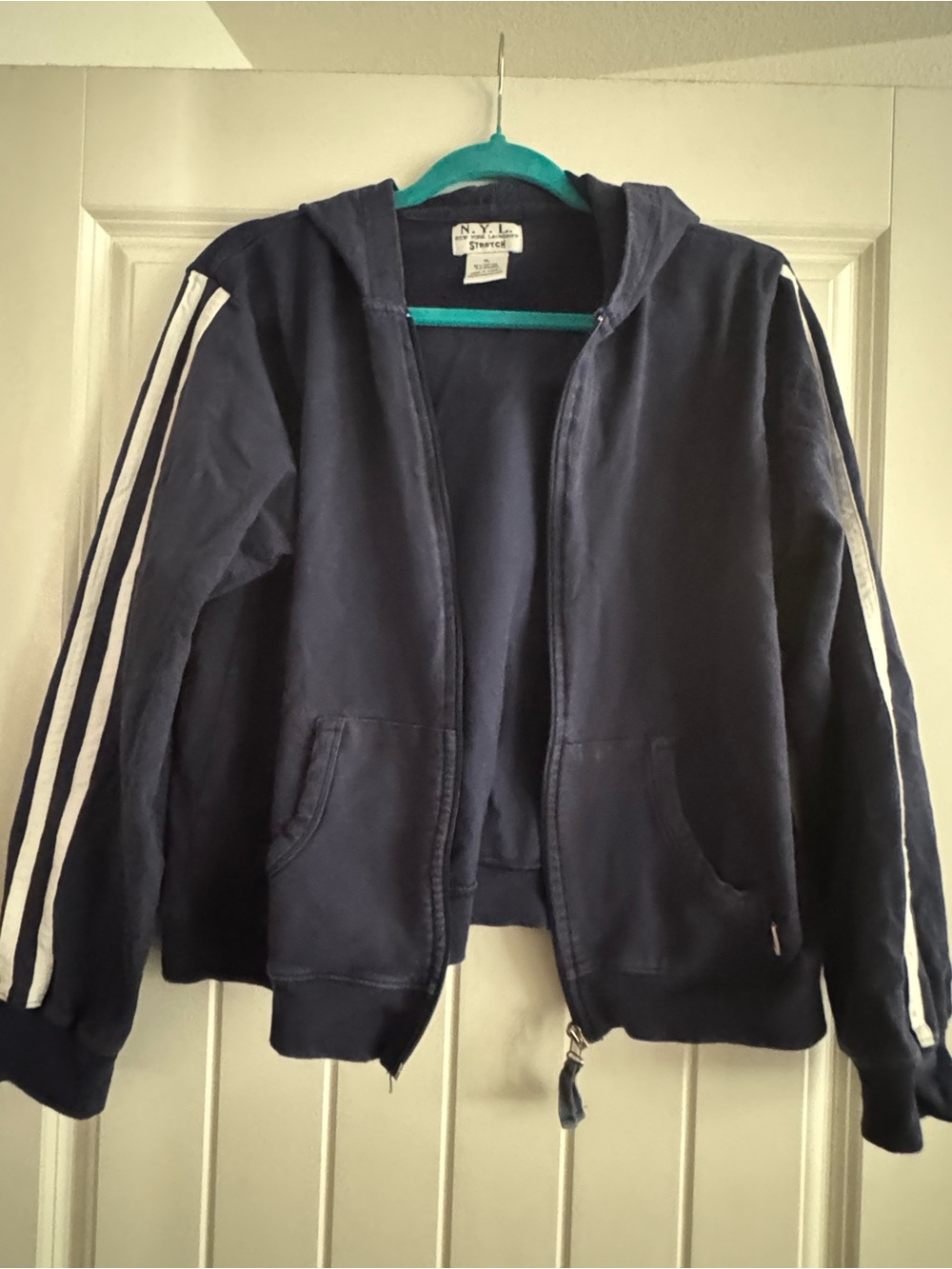 New York Laundry Navy Hooded Zip Jacket with White Sleeve Stripes